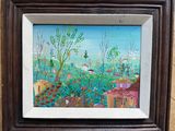 framed oil painting of a landscape with houses, trees, and flowers