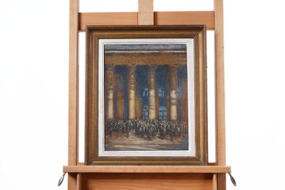 a picture of a painting on a easel on a white background