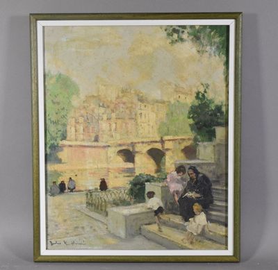 an image of a painting of people sitting on steps near a bridge