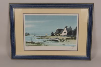 painting of a house on a beach with a boat in the water