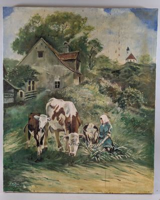 a painting of a woman and two cows in front of a house