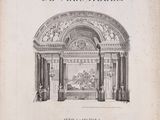 an old black and white drawing of a doorway with a painting on it