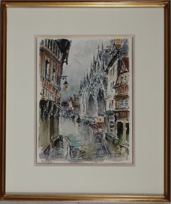 DENIS VERSPECHT (1919-1996) Rouen, passants et calèche, aqua…