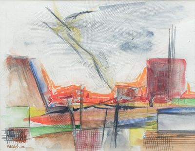 drawing of a painting of a cityscape with a bird flying over it