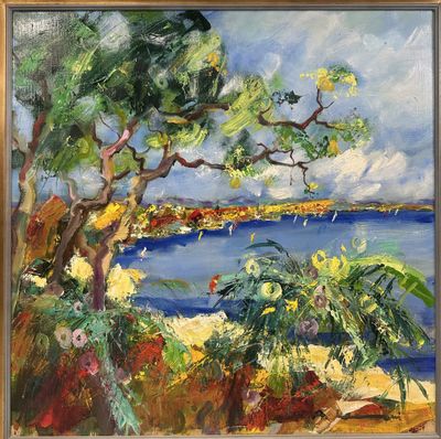 une peinture représentant une peinture d'un arbre et d'un plan d'eau