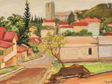un tableau représentant une vache couchée au bord de la route