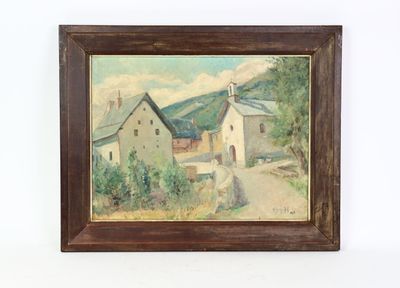 une peinture à l'huile représentant une scène de vie à la ferme, dans un cadre en bois accrochée à un mur blanc