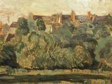 peinture représentant une vue d'une ville avec une rivière et un pont