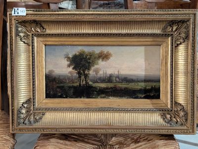 Huile sur panneau, Paysage à la mare et à la vachère - Autou…