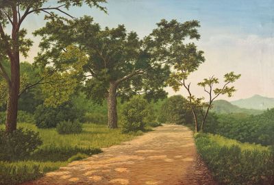 an oil painting of a dirt road with trees on both sides