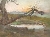 un tableau représentant un arbre et un bateau sur l'eau