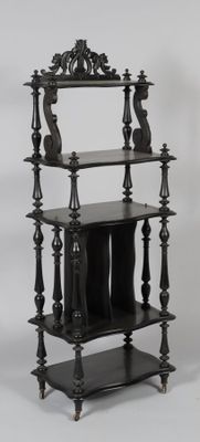 a black shelf with a mirror on top of it