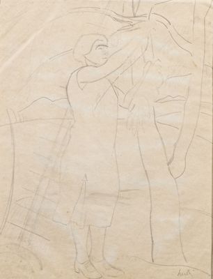 an old drawing of a man holding a woman in his arms