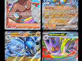 four different pokemon cards are shown in a row on a black background