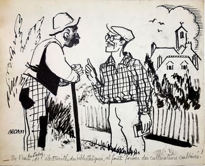 drawing of two men talking to each other in front of a fence