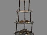 an image of a three tiered shelf with wooden shelves