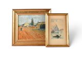 painting of a landscape with a gondola and a painting of a village
