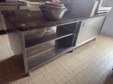 stainless steel kitchen island with a bowl on top of it in a kitchen