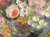 a painting of flowers in a blue vase on a table