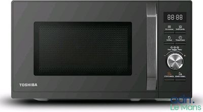une image d'un four à micro-ondes noir sur fond blanc