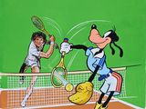 painting of a tennis player hitting a tennis ball with a racquet