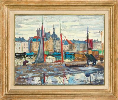 tableau représentant une scène portuaire avec des voiliers et des bâtiments en arrière-plan