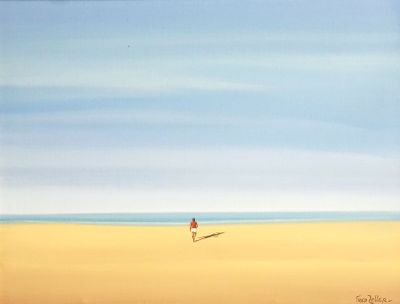 tableau représentant une personne marchant sur une plage avec une planche de surf