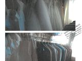 two pictures of clothes hanging on a rack in a room