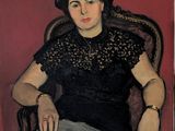 painting of a woman in a black dress sitting in a chair