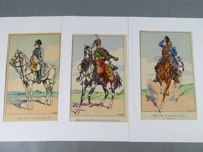 four different colored illustrations of men riding horses on a field