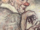 painting of a clown with a knife and a cigarette in his hand