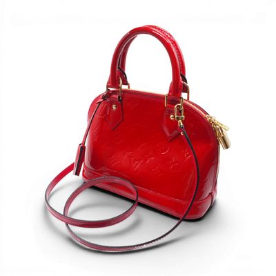louis vu vu red patent leather handbag with gold hardware