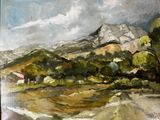 an oil painting of a landscape with a mountain in the background