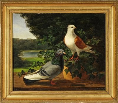 tableau représentant deux pigeons perchés sur un rebord, à côté d'une plante en pot