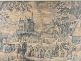 painting of a village scene with a crowd of people in the foreground