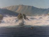 a painting of a boat in the water with a mountain in the background