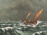 a painting of a boat in the middle of the ocean