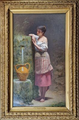 painting of a woman filling water from a well with a yellow jug