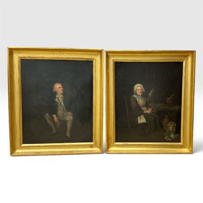 deux tableaux représentant un homme et une femme assis sur une chaise
