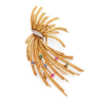 une broche en or et diamants, ornée de pierres multicolores