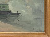 a painting of a green train on a train track