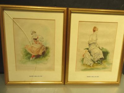 two framed watercolor paintings of women sitting on a bench