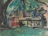tableau représentant un homme et une femme assis sous un arbre dans un parc
