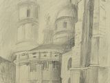 dessin au crayon représentant un bâtiment avec une tour horloge en arrière-plan