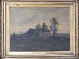 an oil painting of a house in a field with trees in the background
