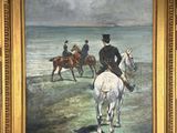 un tableau représentant un groupe de personnes à cheval sur la plage