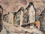 a picture of a painting of a building in the snow