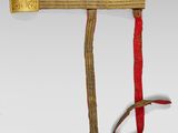 a red and gold belt with a gold buckle on it