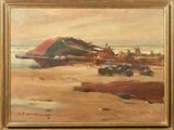 an oil painting of a boat on a beach next to a body of water