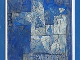 peinture abstraite bleue et blanche représentant un oiseau, dans un cadre bleu
